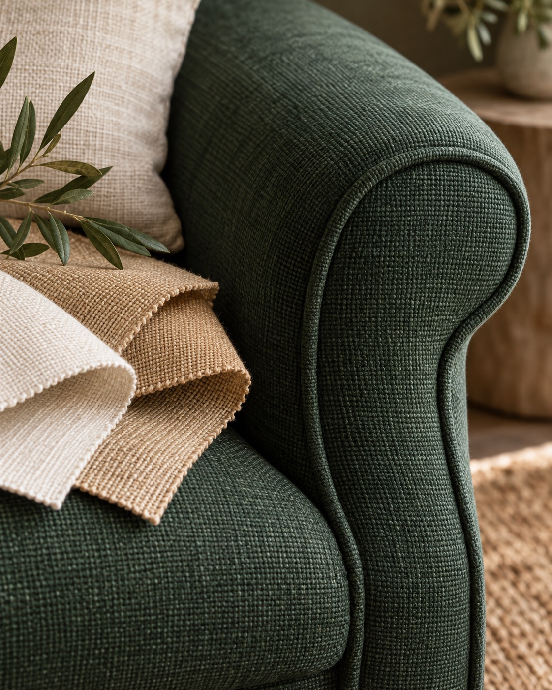 Illustrative close-up of green upholstery with linen and sand fabric swatches